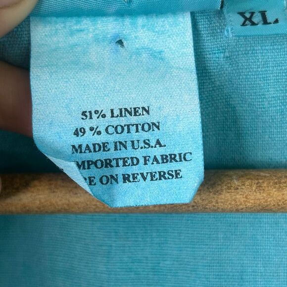 Hot Cotton Linen Button Neck Coastal Turquoise Blue Top XL Casual Boho Pullover - Picture 5 of 9